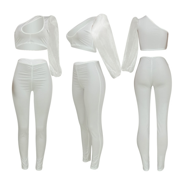 Casual Fashion Solid Color Perspective Puff Sleeve Off Shoulder Two-piece Women's Clothing