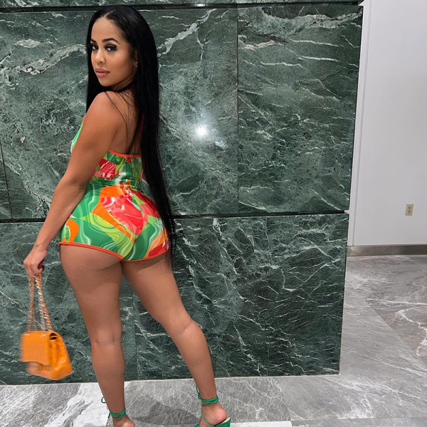 Printed Deep V String Hip Lifter Jumpsuit