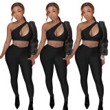 Casual Fashion Solid Color Perspective Puff Sleeve Off Shoulder Two-piece Women's Clothing