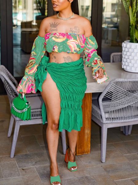 Casual off-the-shoulder sling print two-piece set