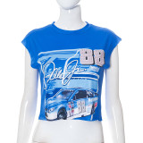 Digital Print Crew Neck Sleeveless Loose Casual Top T-Shirt