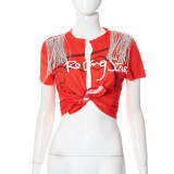 Printed Hip Hop Street Fringe Cardigan Short Sleeve T-Shirt