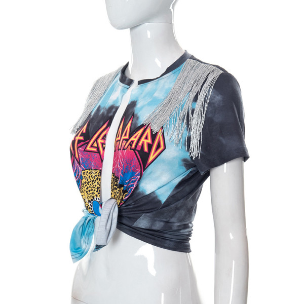 Printed Hip Hop Street Fringe Cardigan Short Sleeve T-Shirt