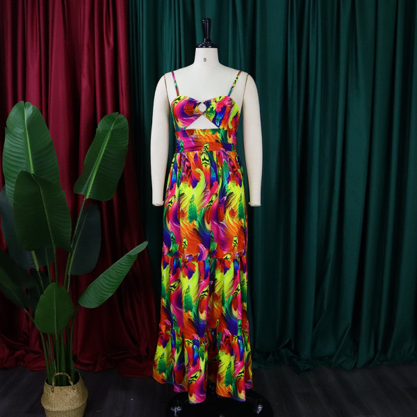 Long skirt suspender print sexy fashion style swing skirt dress