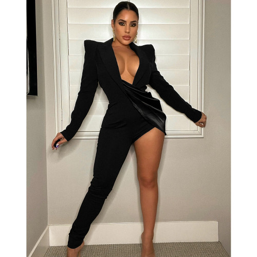 Fashion New Sexy Solid Color Tight V-Neck Long Sleeve Jumpsuit