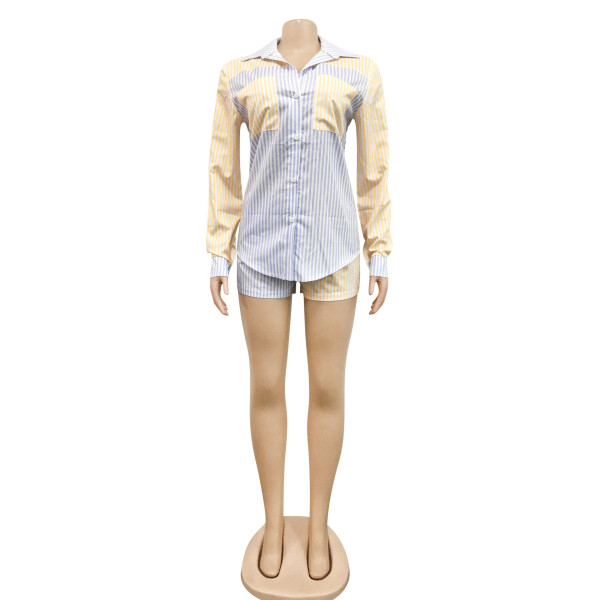 Fashion Casual Striped Shirt Long Sleeve Shorts Two Piece Women's Clothing