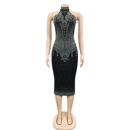 Nightclub sexy tight-fitting hot and diamond-encrusted dress women's