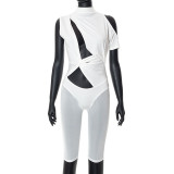 Irregular Sexy Single Sleeve Crew Neck Panel Mesh Bodysuit Shorts