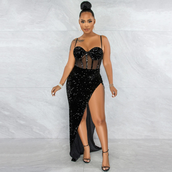 Fashion Sling Sequin Mesh Perspective Irregular Split Dress Women