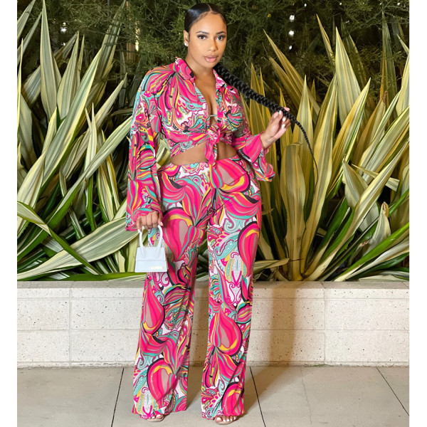 Fashion Sexy Mesh Perspective Print Long Sleeve Three Piece Women's Clothing