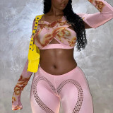 Solid Heart Hole High Waist Casual Flared Trousers