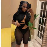 Irregular Sexy Single Sleeve Crew Neck Panel Mesh Bodysuit Shorts