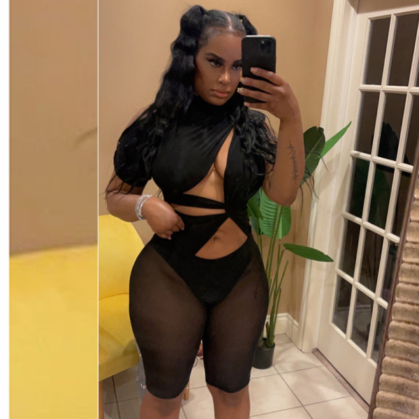 Irregular Sexy Single Sleeve Crew Neck Panel Mesh Bodysuit Shorts