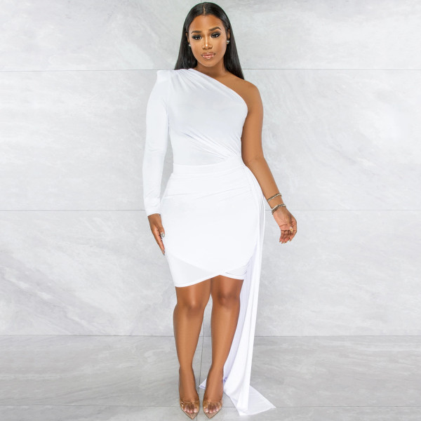 Fashion Solid Color Single Sleeve Casual Diagonal Neck Dress