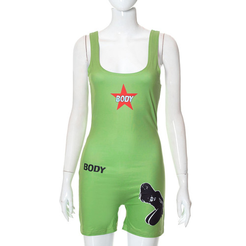 Letter Print Sleeveless Backless Sexy Shorts Jumpsuit Women