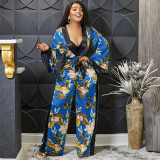 Fashion Sexy Print Deep V Long Sleeve Lace Up Trousers Jumpsuit
