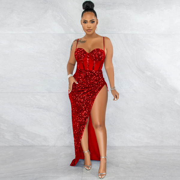 Fashion Sling Sequin Mesh Perspective Irregular Split Dress Women