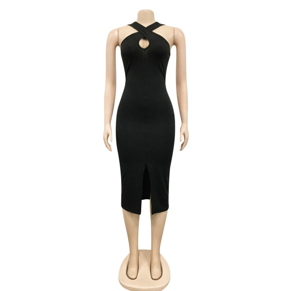 Fashion Solid Color Wrap Chest Sleeveless Slit Irregular Dress