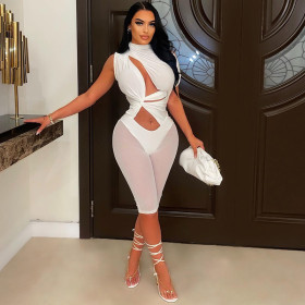 Irregular Sexy Single Sleeve Crew Neck Panel Mesh Bodysuit Shorts