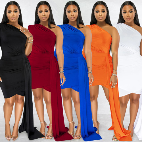 Fashion Solid Color Single Sleeve Casual Diagonal Neck Dress
