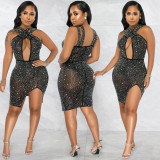 Fashion night club hot and drilled cross halter irregular slit mid skirt dress