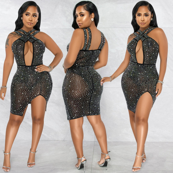 Fashion night club hot and drilled cross halter irregular slit mid skirt dress