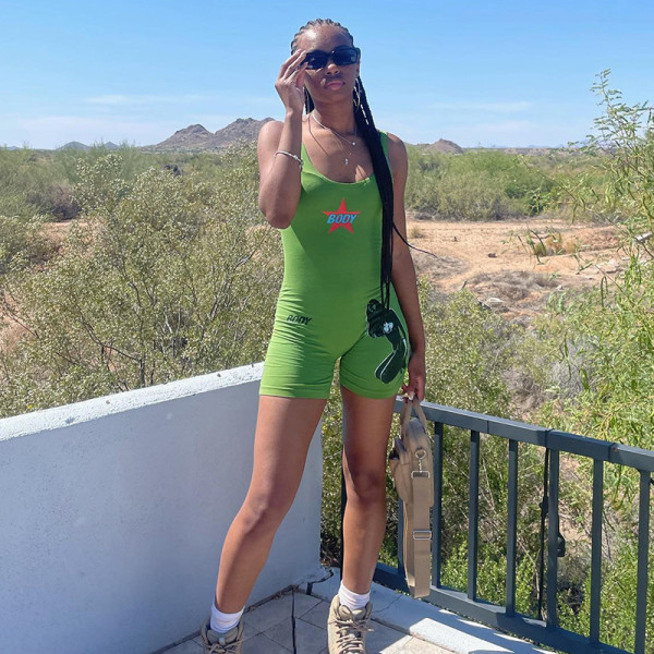 Letter Print Sleeveless Backless Sexy Shorts Jumpsuit Women