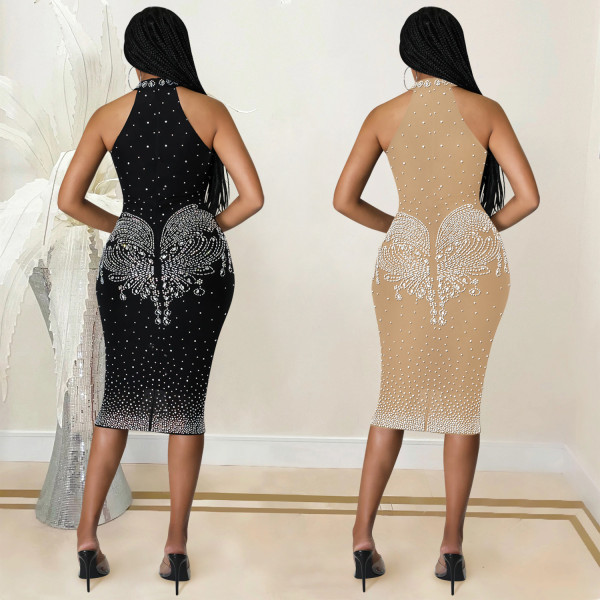 Nightclub sexy tight-fitting hot and diamond-encrusted dress women's