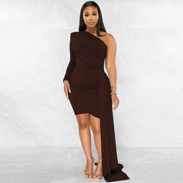 Fashion Solid Color Single Sleeve Casual Diagonal Neck Dress