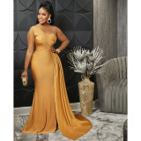 Fashion Solid Color Party Tight One Shoulder Sleeve Dress Long Skirt Women