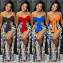 Two-piece set of fashionable strapless open-back printed slit trousers