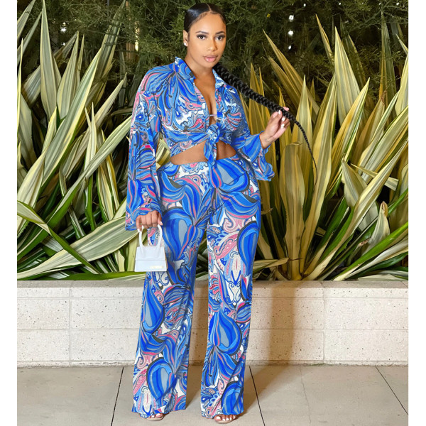 Fashion Sexy Mesh Perspective Print Long Sleeve Three Piece Women's Clothing