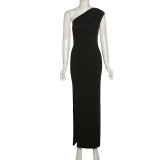 Women's Solid Color Casual Pleated Diagonal Slim Fit Long Dress
