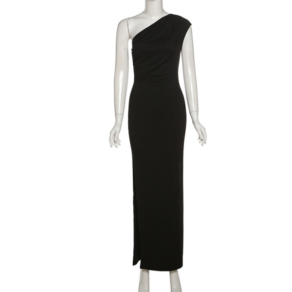 Women's Solid Color Casual Pleated Diagonal Slim Fit Long Dress