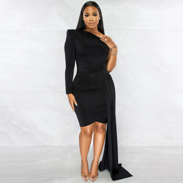 Fashion Solid Color Single Sleeve Casual Diagonal Neck Dress