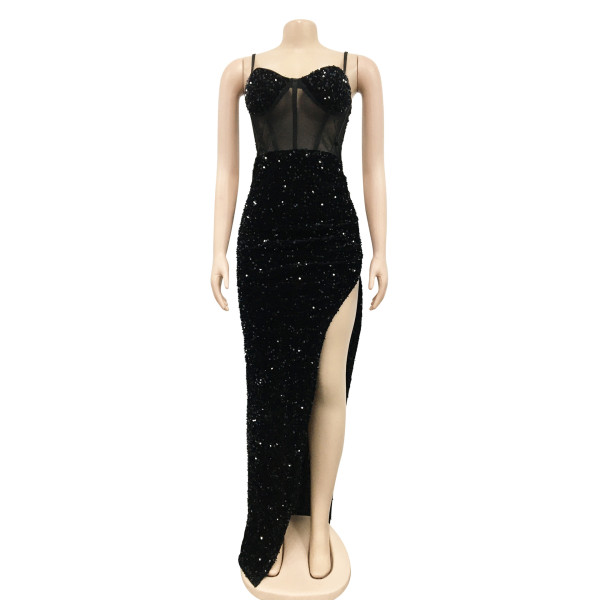 Fashion Sling Sequin Mesh Perspective Irregular Split Dress Women