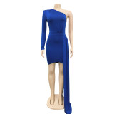 Fashion Solid Color Single Sleeve Casual Diagonal Neck Dress