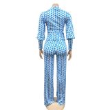 Fashion Casual Print Tight V-Neck Puff Sleeve Long Sleeve Wide Leg Pants Two Piece Set