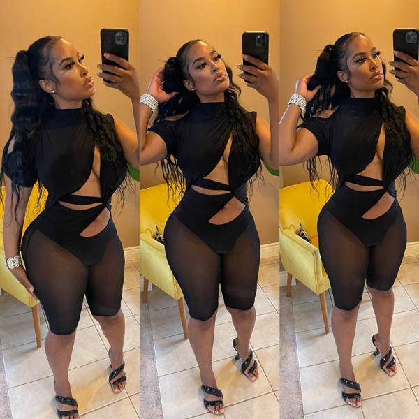 Irregular Sexy Single Sleeve Crew Neck Panel Mesh Bodysuit Shorts
