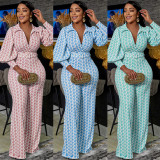 Fashion Casual Print Tight V-Neck Puff Sleeve Long Sleeve Wide Leg Pants Two Piece Set