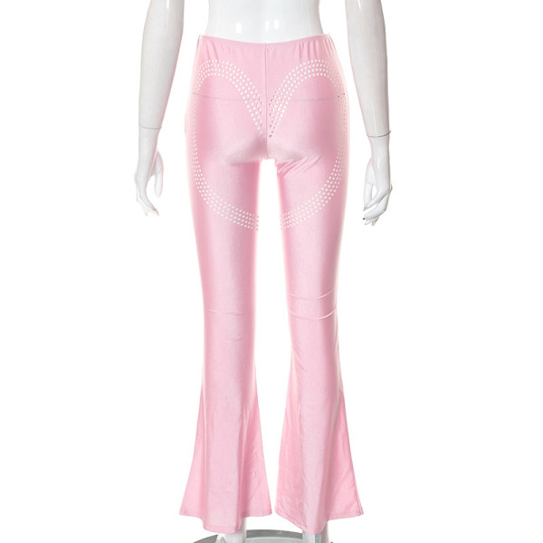 Solid Heart Hole High Waist Casual Flared Trousers