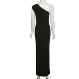 Women's Solid Color Casual Pleated Diagonal Slim Fit Long Dress