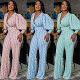 Fashion Casual Print Tight V-Neck Puff Sleeve Long Sleeve Wide Leg Pants Two Piece Set