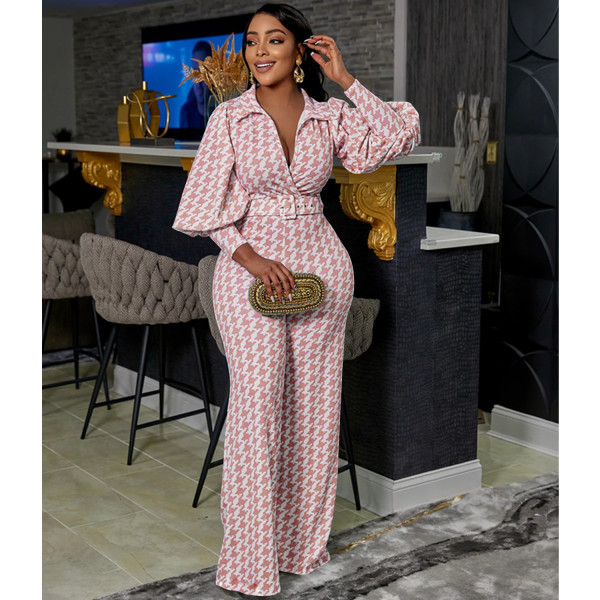 Fashion Casual Print Tight V-Neck Puff Sleeve Long Sleeve Wide Leg Pants Two Piece Set
