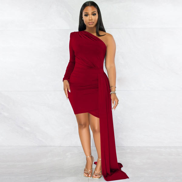 Fashion Solid Color Single Sleeve Casual Diagonal Neck Dress
