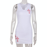 Dress Contrast Color Off Shoulder Sleeveless Embroidered Hip Dress