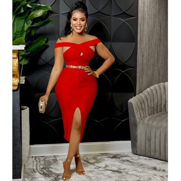 Fashion Solid Color Wrap Chest Sleeveless Slit Irregular Dress