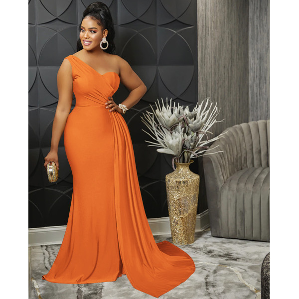 Fashion Solid Color Party Tight One Shoulder Sleeve Dress Long Skirt Women