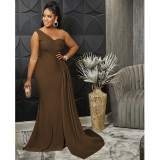 Fashion Solid Color Party Tight One Shoulder Sleeve Dress Long Skirt Women