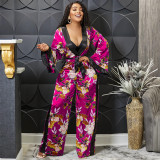 Fashion Sexy Print Deep V Long Sleeve Lace Up Trousers Jumpsuit